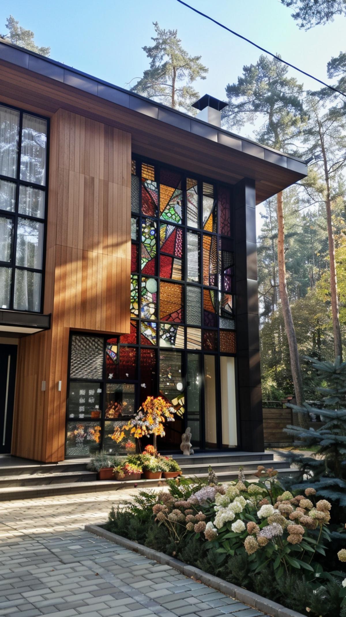 House in Peredelkino, with wooden walls, including multi-colored mosaic windows, inspired by Zaha Hadid, plantings of hydrangeas and rose hips, against the backdrop of a coniferous forest ar 9:16 style raw s 250 v 5.2