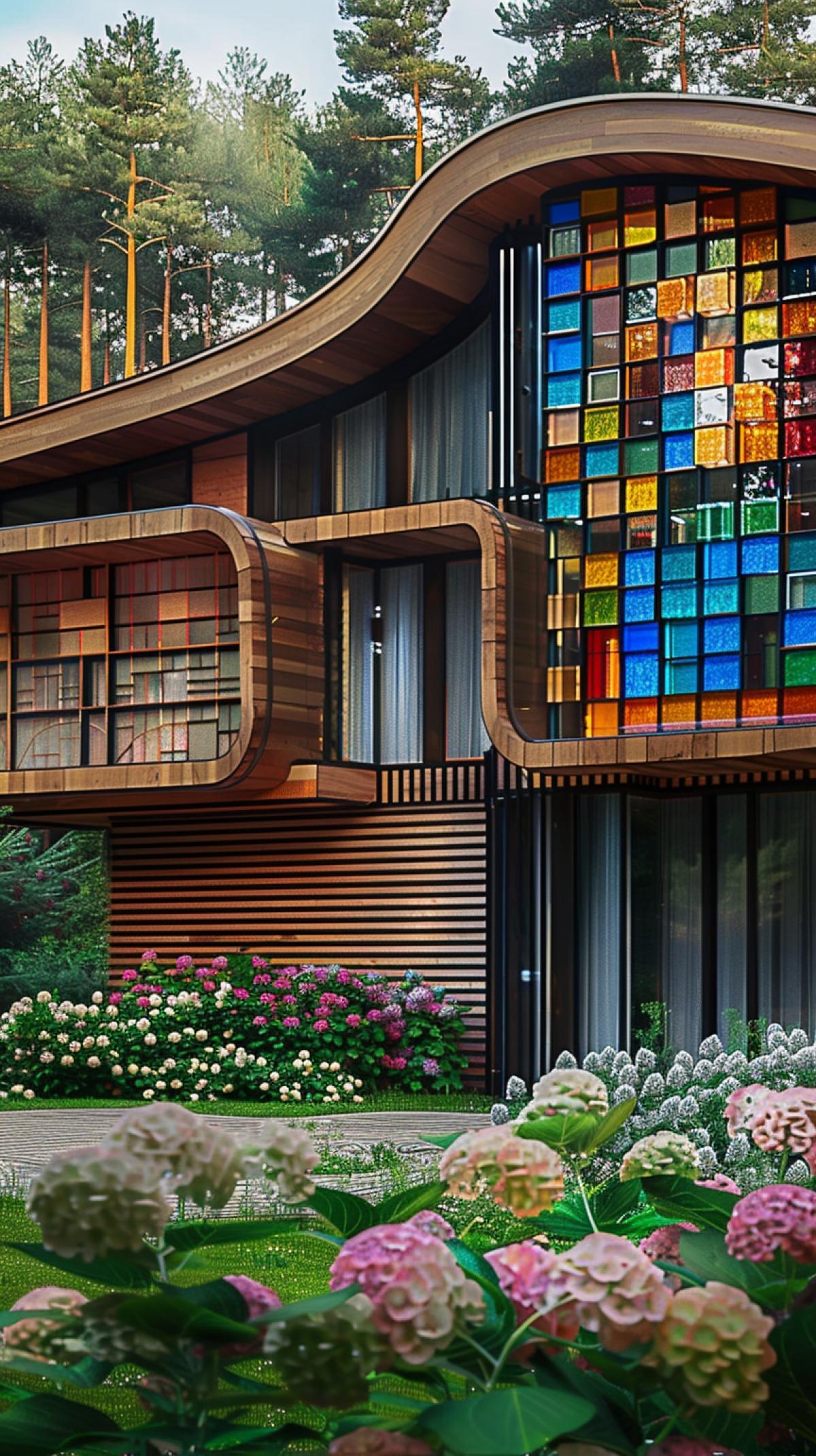 House in Peredelkino, with wooden walls, including multi-colored mosaic windows, inspired by Zaha Hadid, plantings of hydrangeas and rose hips, against the backdrop of a coniferous forest , style raw
