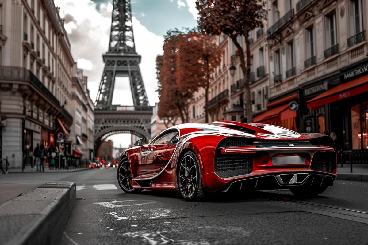 Bugatti car, red, luxury, streets of Paris