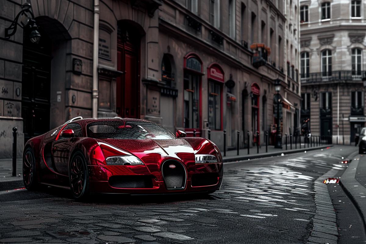 Bugatti car, red, luxury, streets of Paris