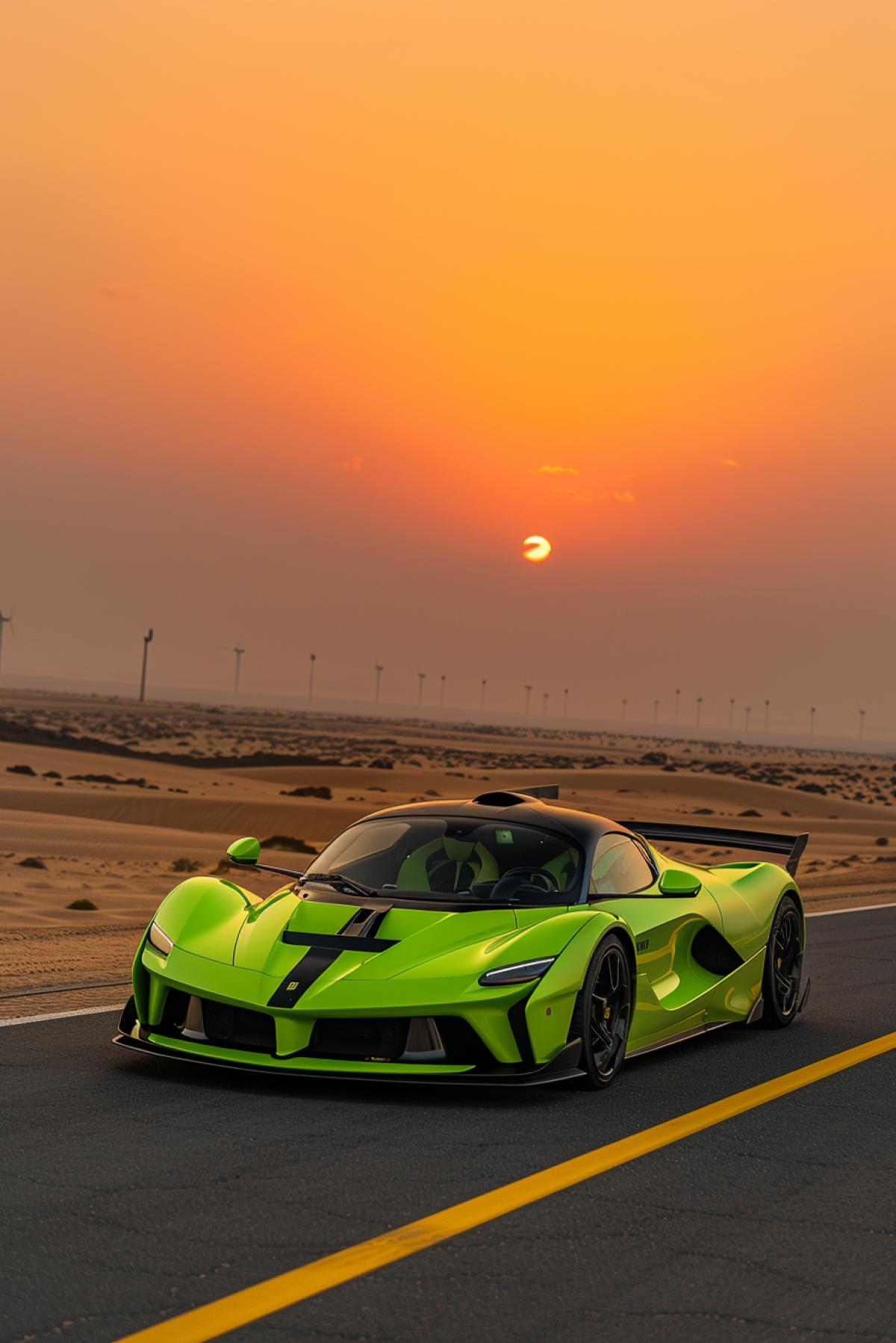 Futuristic supercar in bright green color on desert road, 3/4 side view, desert, setting sun, professional photography.
