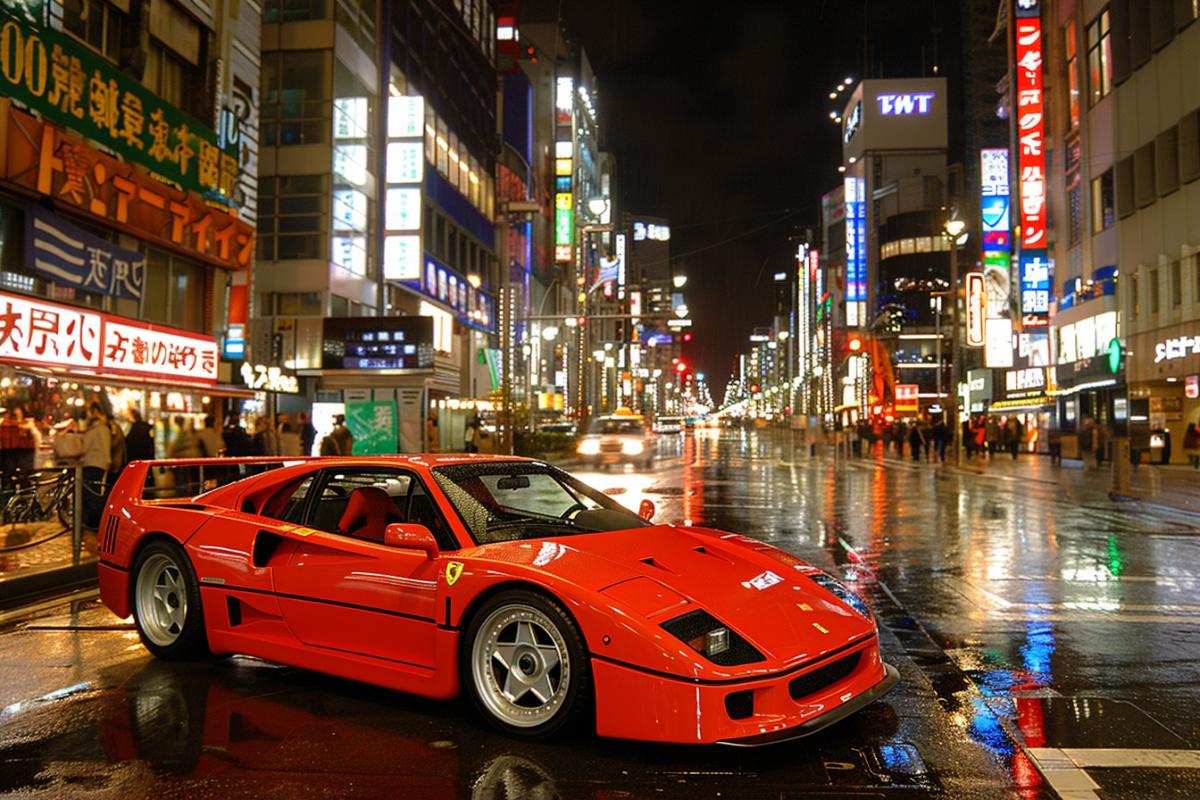 A Ferrari f40 on the streets of Tokyo at night. Wet asphalt, neon signs.