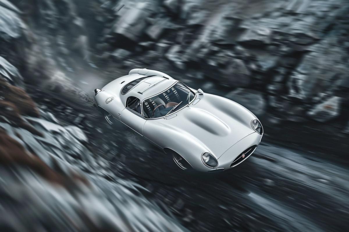 Jaguar c-x75, at speed, on a mountain serpentine, beautiful professional photo, top view.