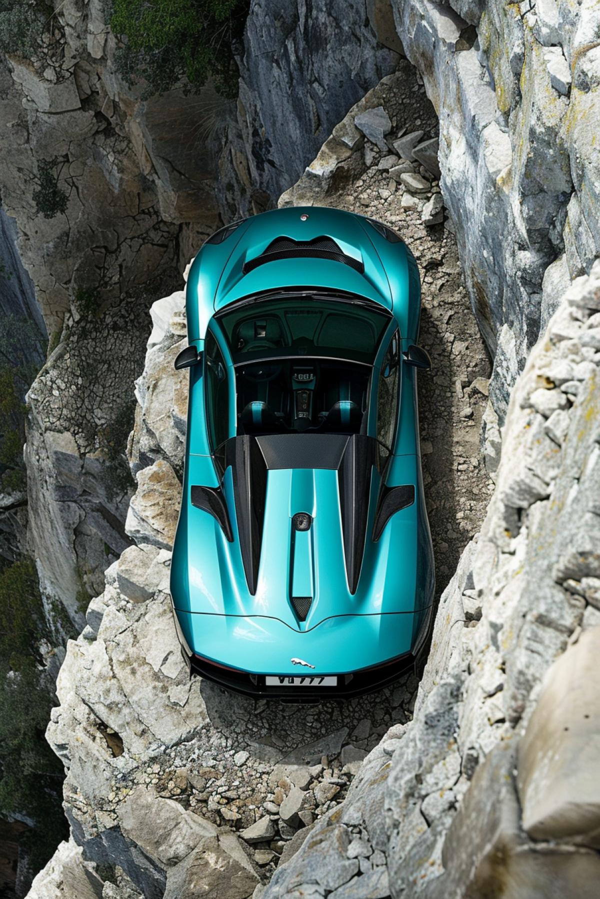 Jaguar c-x75, on a mountain serpentine, beautiful professional photo, top view.