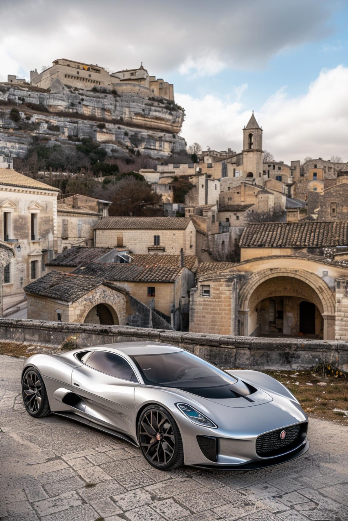 Jaguar c-x75, on a mountain serpentine, beautiful professional photo, top view.