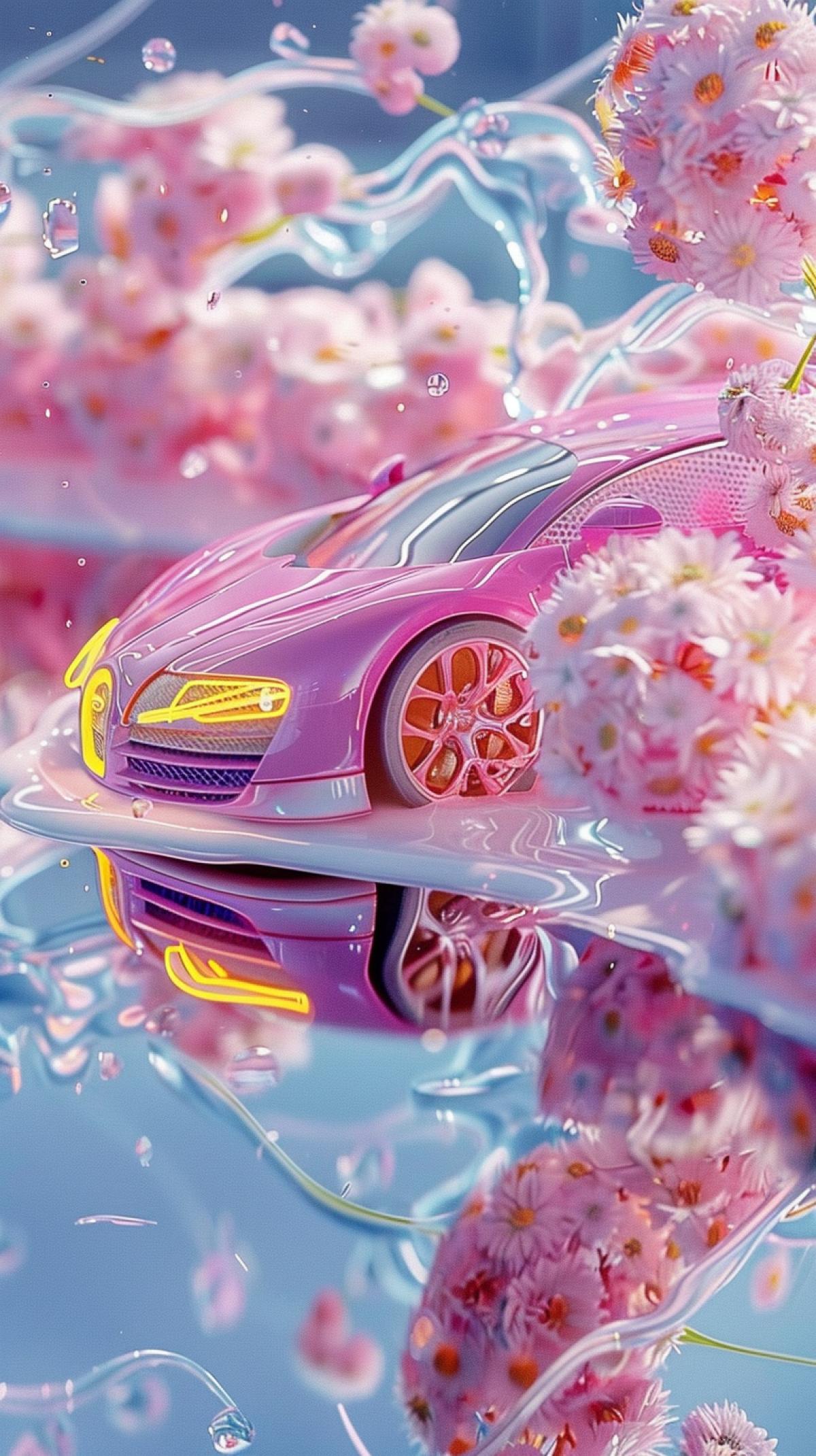 Full body neon glow drawing of an all pink bugatti chiron in the swirling light of smoke. ar 85:128 stylize 250