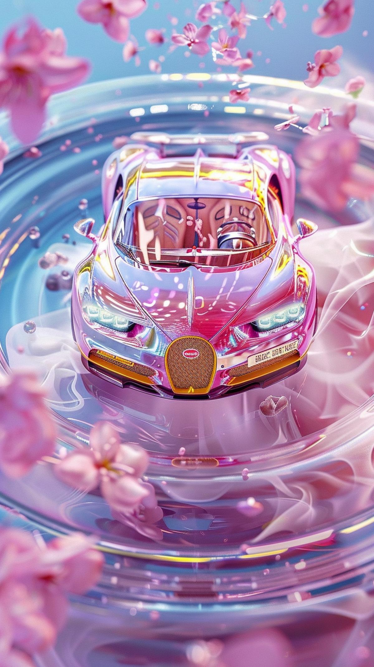 Full body neon glow drawing of an all pink bugatti chiron in the swirling light of smoke. ar 85:128 stylize 250