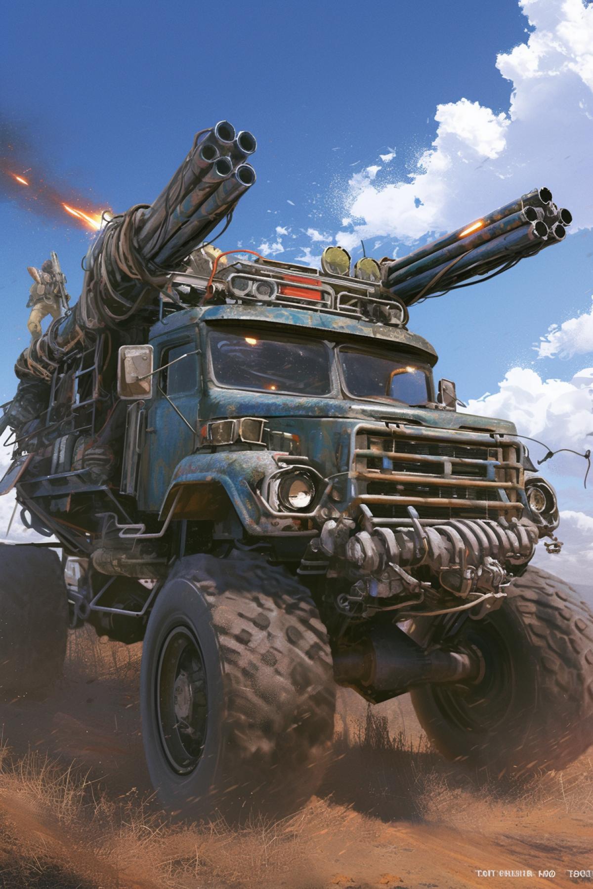 combat truck shoots down zombies, truck with machine guns and a powerful bumper, sci fi style, zombie apocalypse, powerful military truck with guns