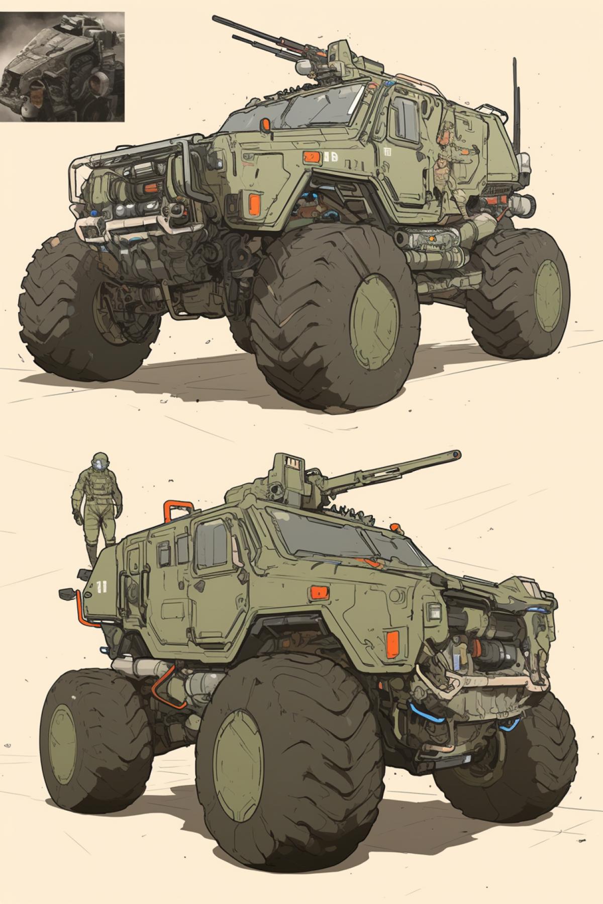 concept art of a futuristic military vehicle, space style, sci fi style, dark colors, big wheels, powerful futuristic guns, streamlined body, vehicle project, concept art, big truck, war machine