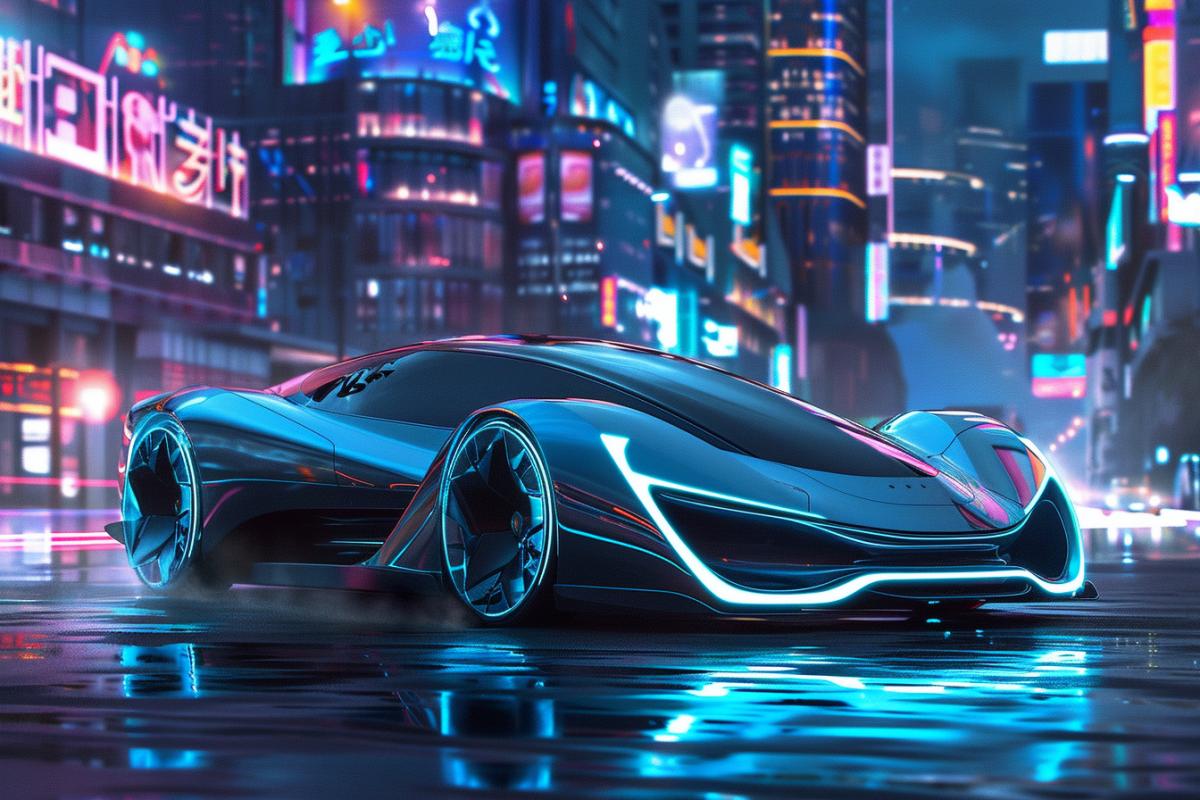 Create an image of a sleek, futuristic concept car with a low, aerodynamic profile and sharp, angular lines. The car is painted in a reflective, metallic silver with glowing blue accents along the edges and around the wheels. The background is a modern, neon-lit cityscape at night, enhancing the car’sedge design. The 3:2 com4k emphasizes the cars aggressive stance and high-tech features, capturing the essence of a vehicle straight out of a sci-fi film.