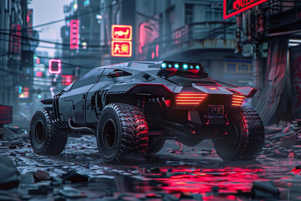 Design an image of a car from a futuristic dystopian world. The vehicle has a rugged, armored appearance with matte dark paint and glowing red underlights. It features oversized, off-road tires and advanced tech elements like retractable weaponry and holographic displays. The background is a desolate urban landscape with towering ruins and neon signs. The 3:2 com4k emphasizes the car’s formidable and intimidating design, blending elements of sci-fi and apocalyptic aesthetics.