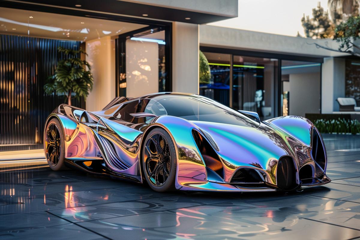 Create an image of an exotic hypercar with a unique, avant-garde design. The car has a streamlined, sculptural body with flowing lines and a pearlescent paint finish that shifts colors in the light. The wheels feature intricate, futuristic patterns, and the doors open upwards like wings. The background is a luxurious, modern mansion with expansive glass walls and a beautifully landscaped garden. The 3:2 com4k captures the elegance and exclusivity of this extraordinary vehicle, making it the epitome of automotive beauty and innovation.