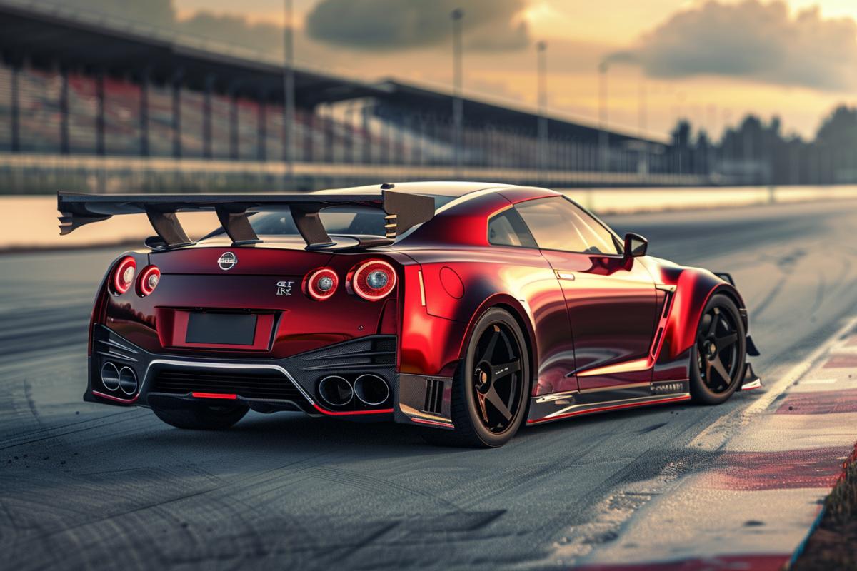 Create an image of a high-performance sports car on a racetrack. The car has an aggressive, aerodynamic shape with bold, red paint and dark racing stripes. The background features blurred trackside scenery, conveying a sense of speed and motion. The car’s detailed design includes a large rear spoiler, wide tires, and carbon fiber elements. The 3:2 com4k focuses on the car’s powerful, dynamic presence, capturing the thrill and excitement of high-speed racing.