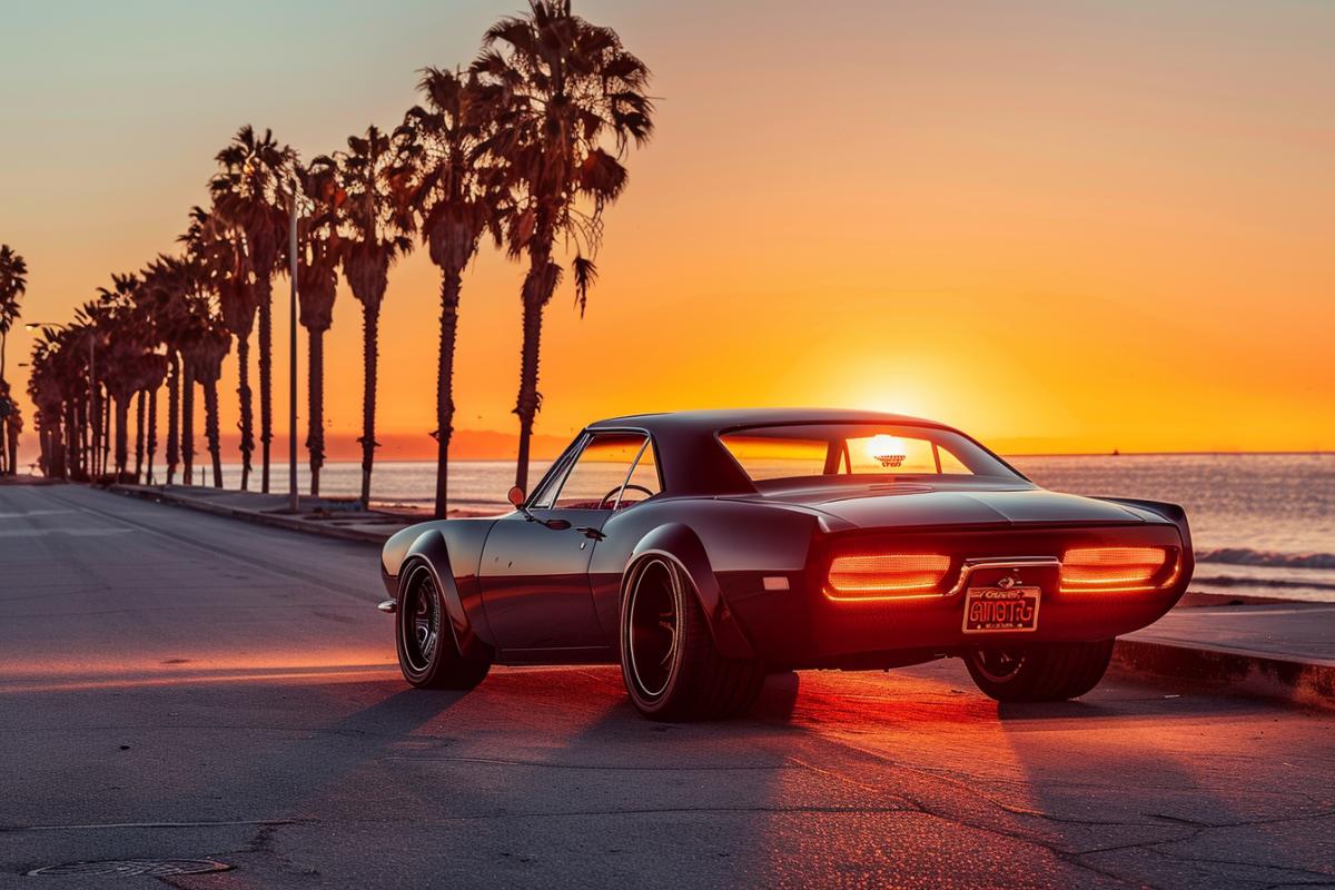 Design an image of a retro-classic car with a modern twist. The car features the iconic curves and chrome detailing of a 1960s muscle car, but with contemporary enhancements like LED headlights and a sleek, matte dark paint job. The car is parked on a coastal highway at sunset, with the ocean and palm trees in the background. The 3:2 com4k highlights the blend of vintage charm and modern sophistication, showcasing a timeless yet innovative automotive design.