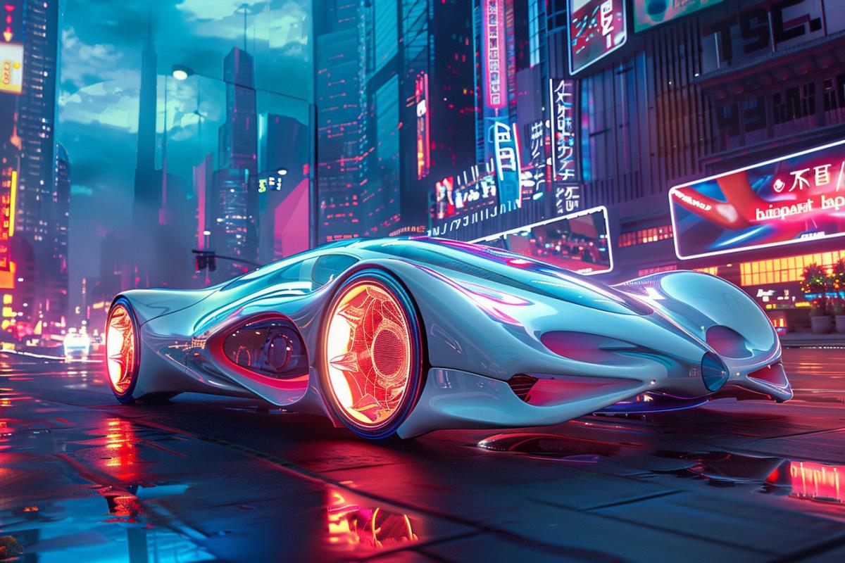 Design an image of a biomechanical concept car. The vehicle’s body combines sleek, polished metal with organic, sinewy lines that glow with an inner light. The car features large, insect-like wings that fold down against its sides when not in use. Set against a futuristic cityscape with towering skyscrapers and a vibrant, holographic sky, the com4k emphasizes the fusion of organic and technological elements, creating a car that looks alive and incredibly advanced.
