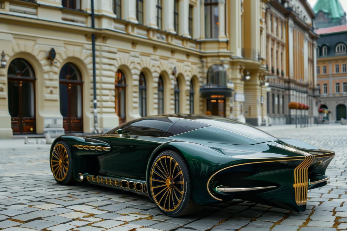 Create an image of a luxury electric car inspired by classic art deco design. The car has a long, elegant silhouette with flowing lines and intricate chrome detailing. The exterior is painted in a deep, rich emerald green with gold accents. The background features a grand, historic city with ornate buildings and cobblestone streets, blending old-world charm with modern technology. The com4k highlights the car’s sophisticated style and opulent features, making it a stunning blend of past and future.