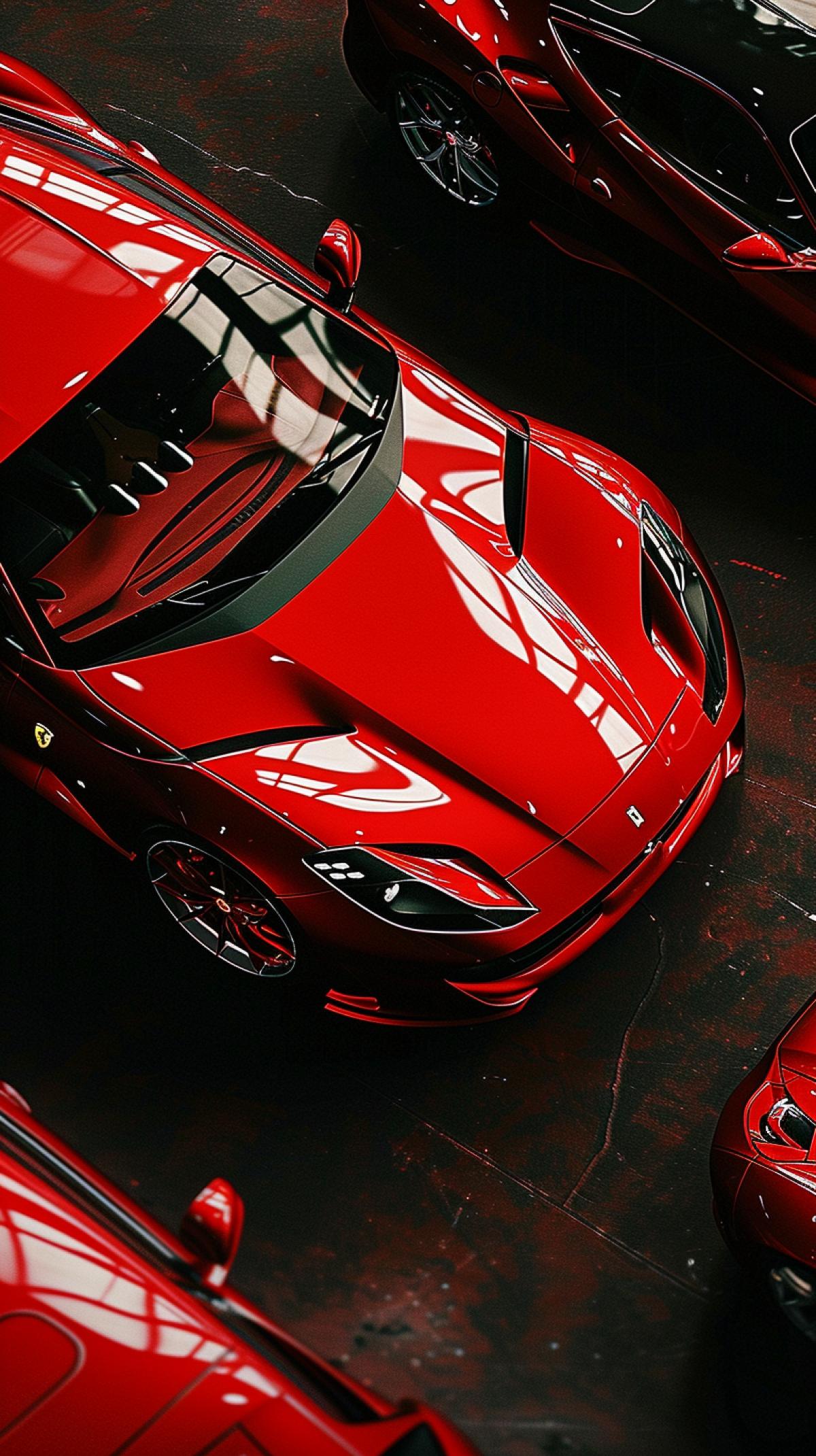 Bright red hyperphotorealistic Ferrari 812 Competizione with dark accents and racing stripes. There is a spoiler on the rear for street racing. The rims are red and the brakes are dark. Ferrari emblems are neon red.
