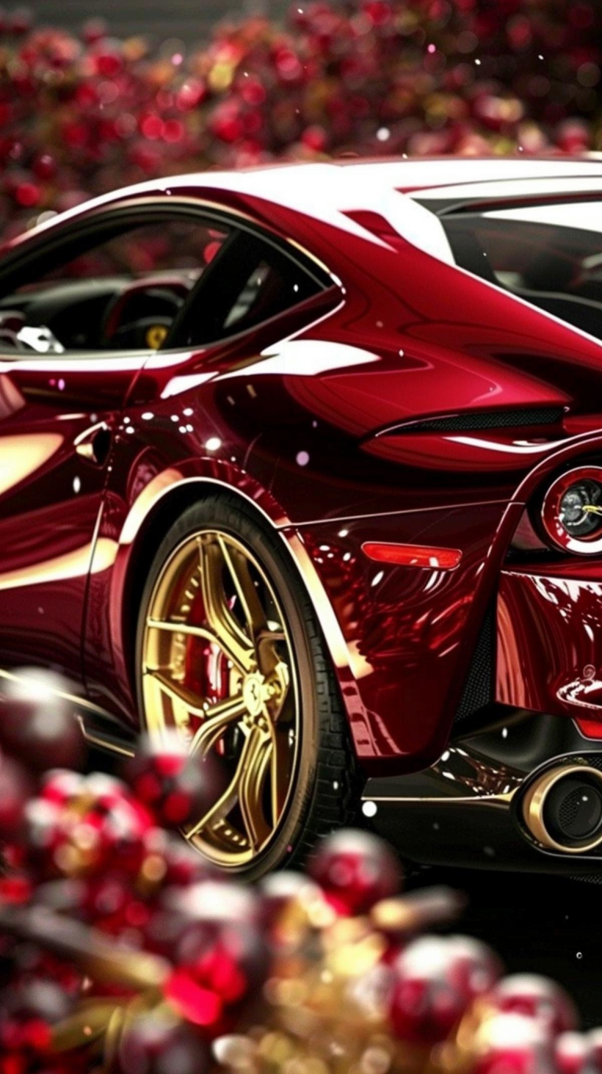 Burgundy hyperphepotoreistic Ferrari 812 Competizione with gold inserts and racing stripes. On the back there is a spoiler for street racing. The rim is red and the brakes are dark. Ferrari emblems neon-red, surge, spray, against the background of grenade fruits