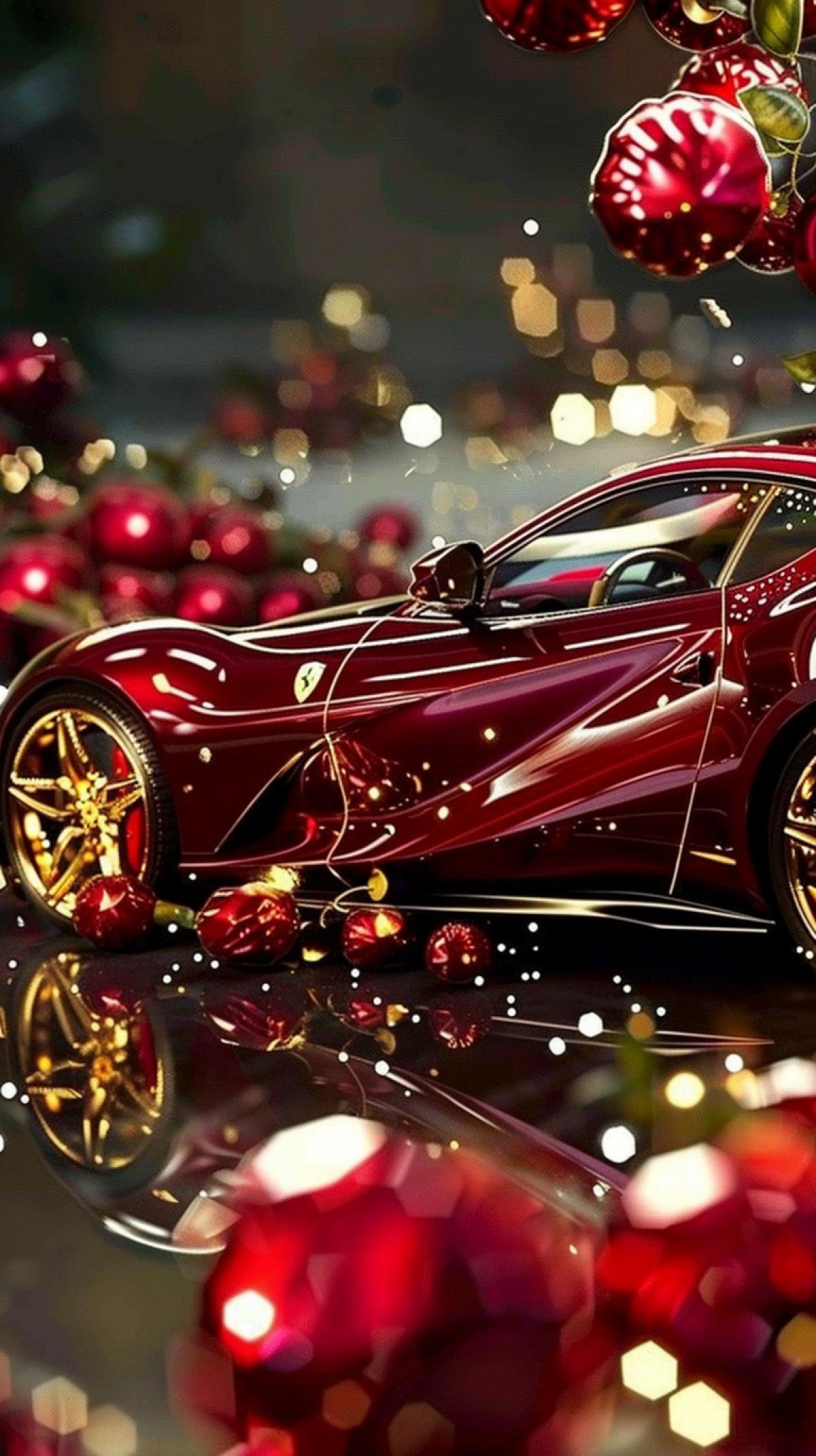 Burgundy hyperphepotoreistic Ferrari 812 Competizione with gold inserts and racing stripes. On the back there is a spoiler for street racing. The rim is red and the brakes are dark. Ferrari emblems neon-red, surge, spray, against the background of grenade fruits