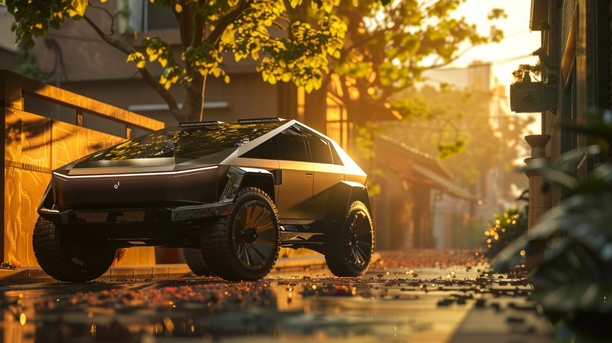 futuristic SUV against the backdrop of the rising sun, on a village street. for a cool guy from the future