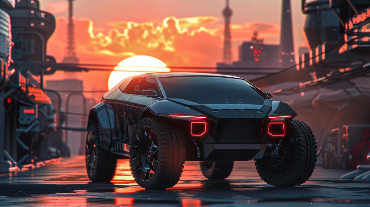 futuristic SUV against the backdrop of the rising sun, on a village street. for a cool guy from the future