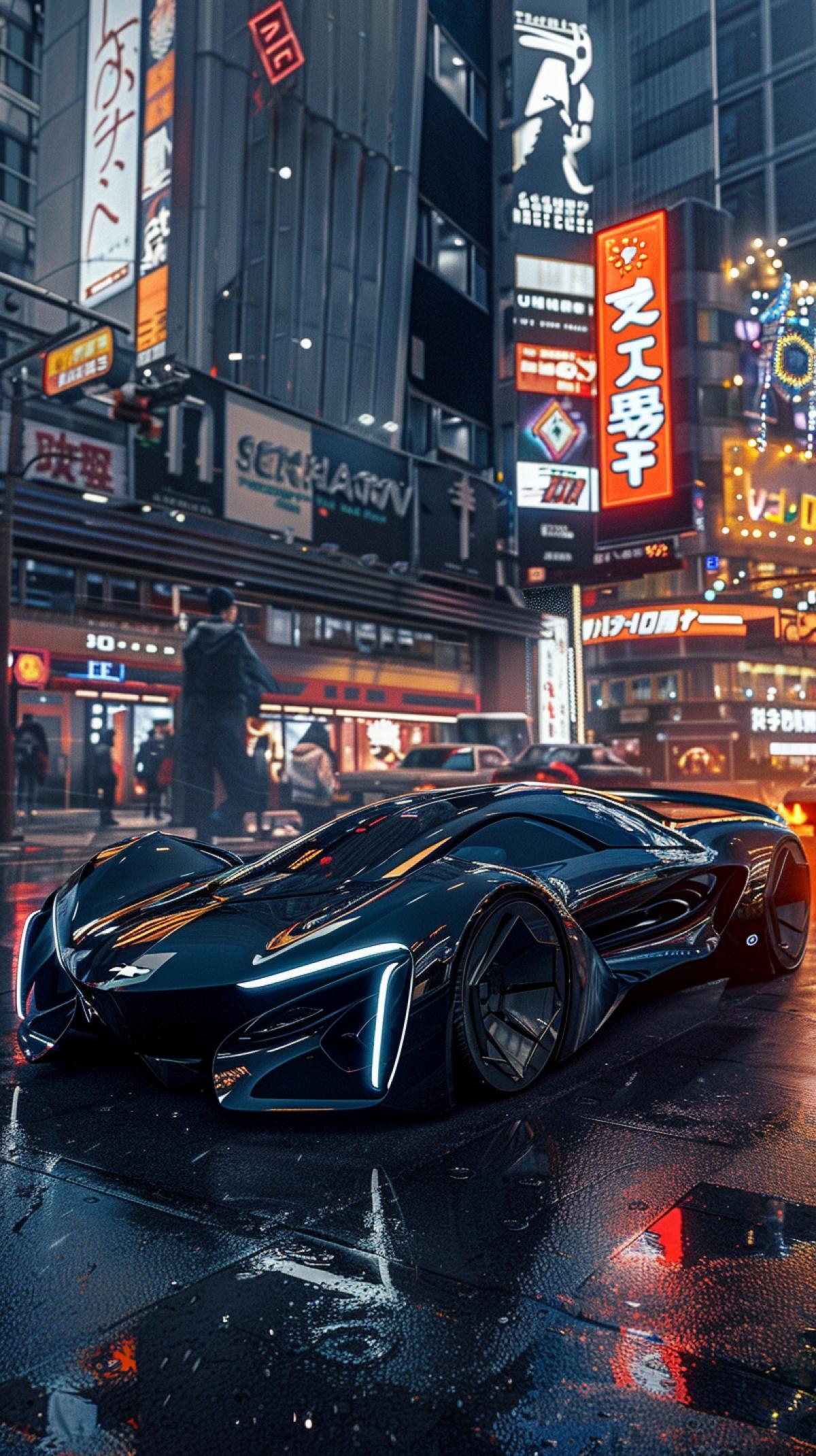 Chevrolet of the future, futuristic obsidian-color model, in a city of skyscrapers and neon lights, wide-angle shot, long shot, hyper-realistic