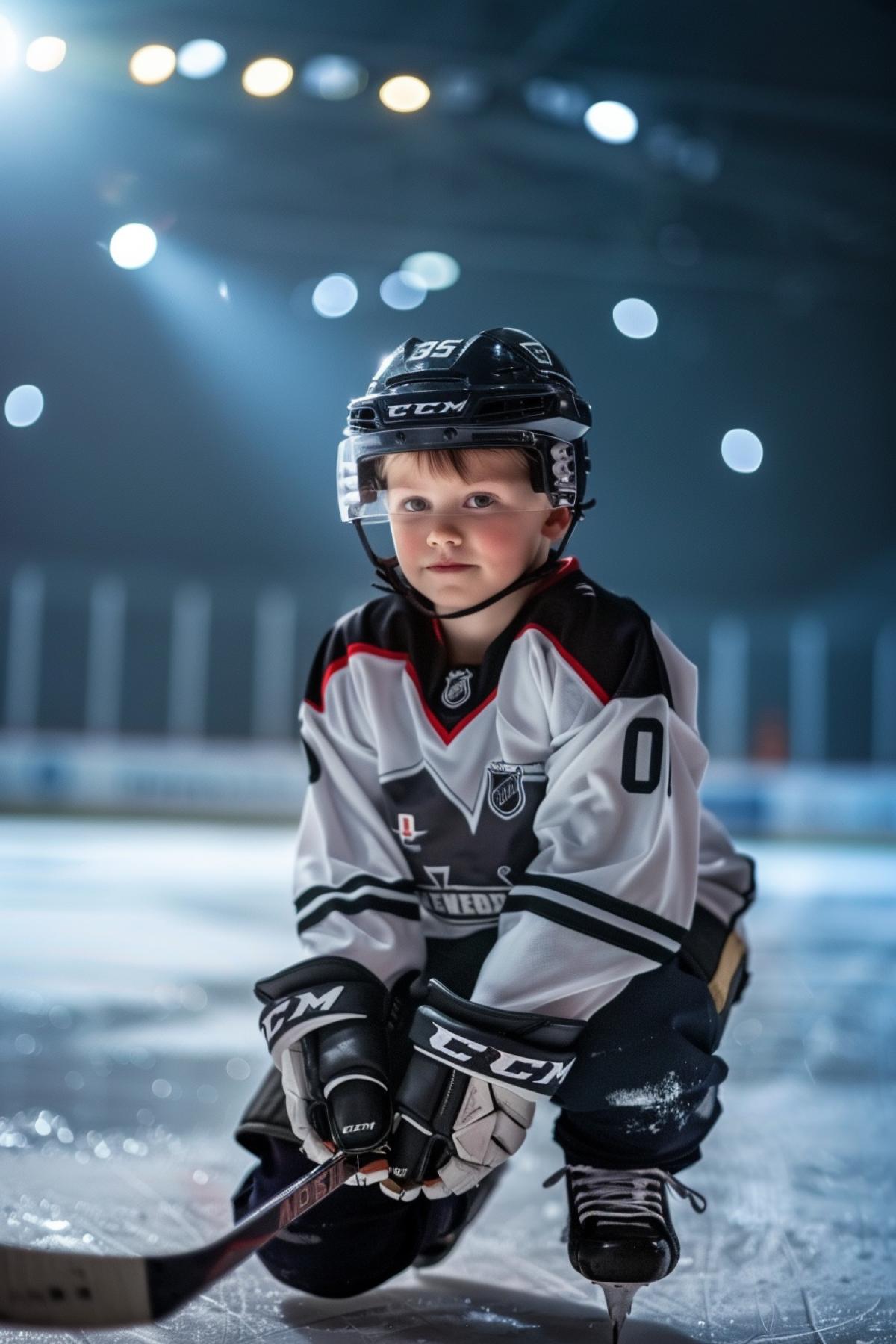 Cute little boy equipped as sophisticated hockey player oversize on ice in spotlights detailed photo