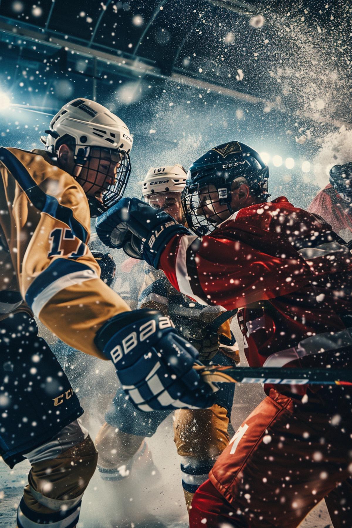 Epic fight quarrel of several hockey players kicking and boxing each other aggressive faces detailed photo