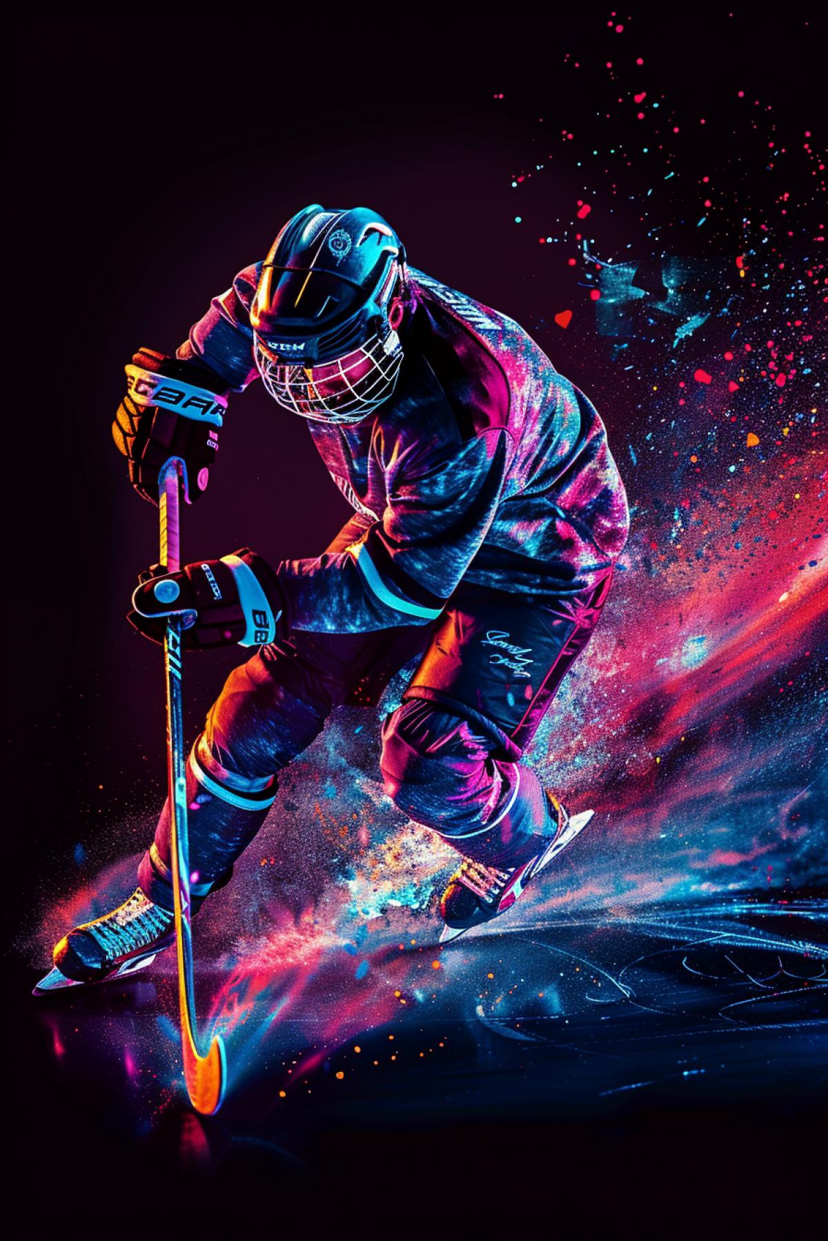 Dynamic sport photo of hockey player in rush dark background bright vibrant colours