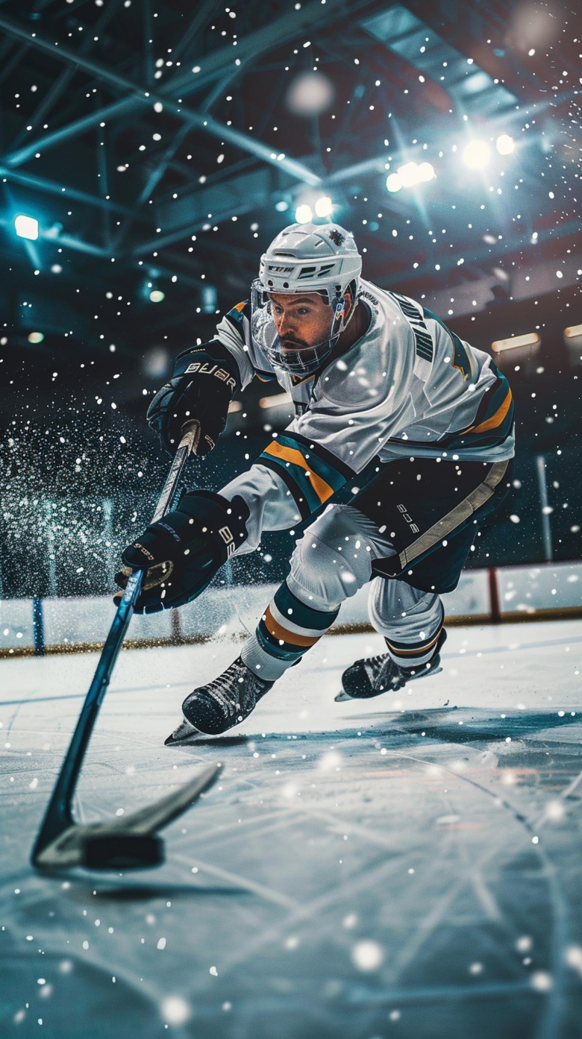 A hockey player kicks the puck with his body turned and his leg pulled back in an eccentric play