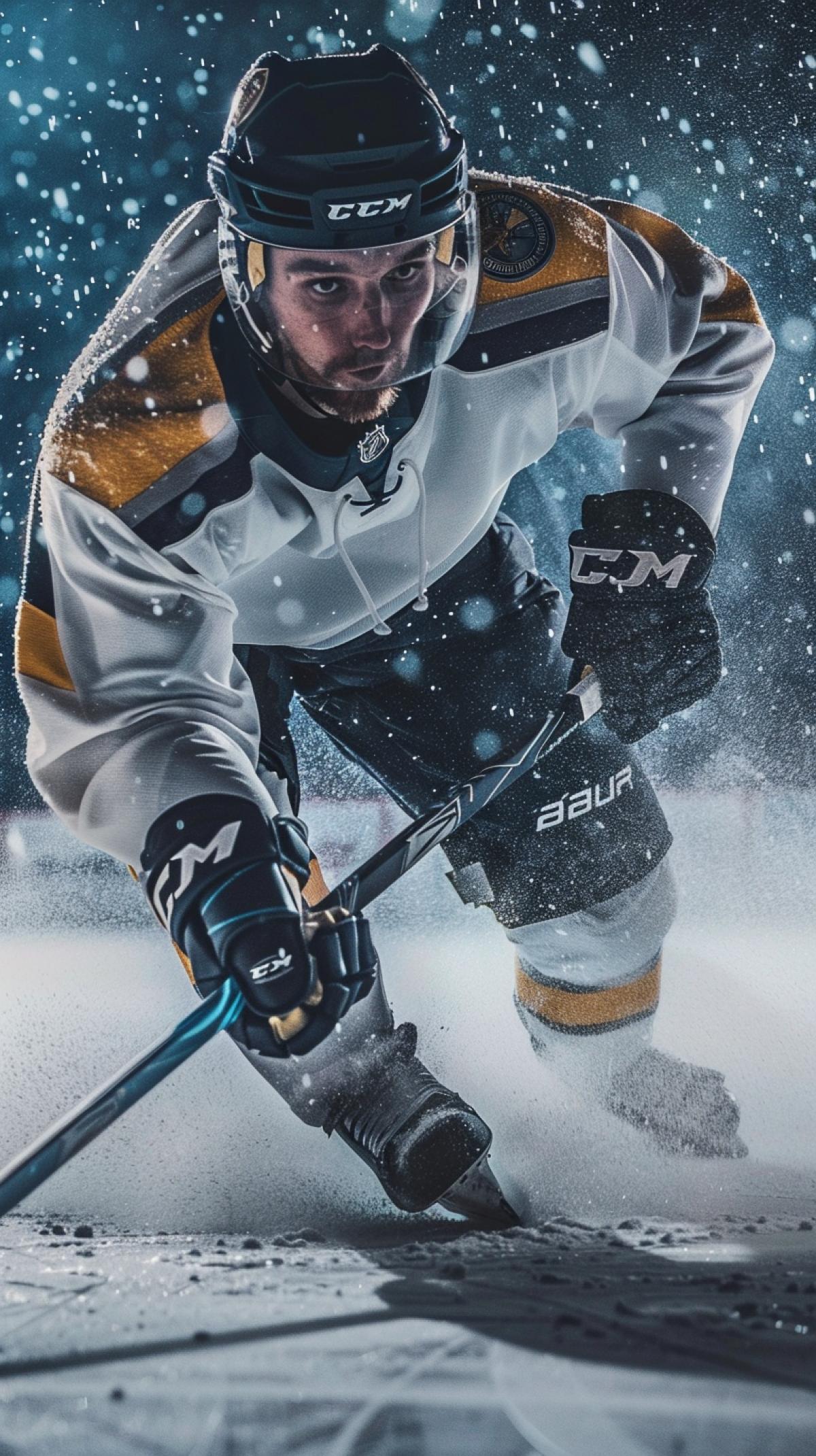 A hockey player kicks the puck with his body turned and his leg pulled back in an eccentric play