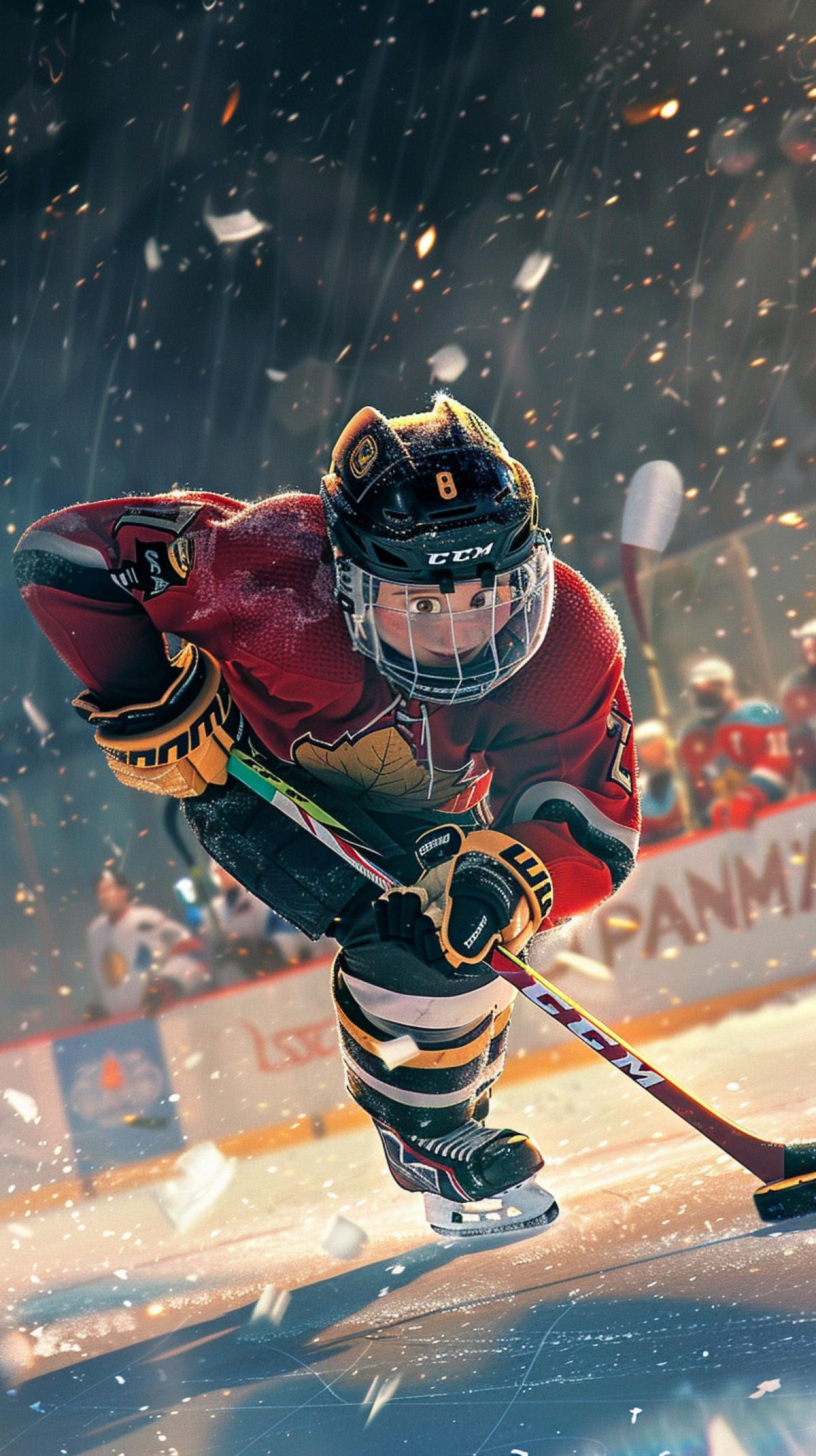 Enchanting image, in Disney style, of a hockey player preparing to hit