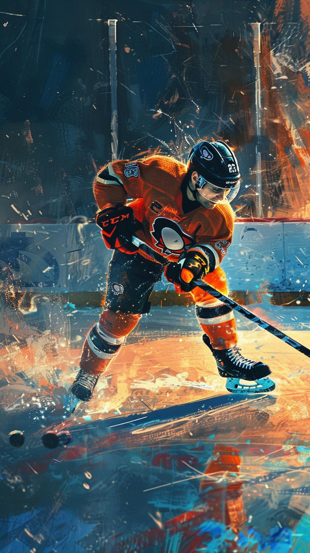 Enchanting image, in Disney style, of a hockey player preparing to hit