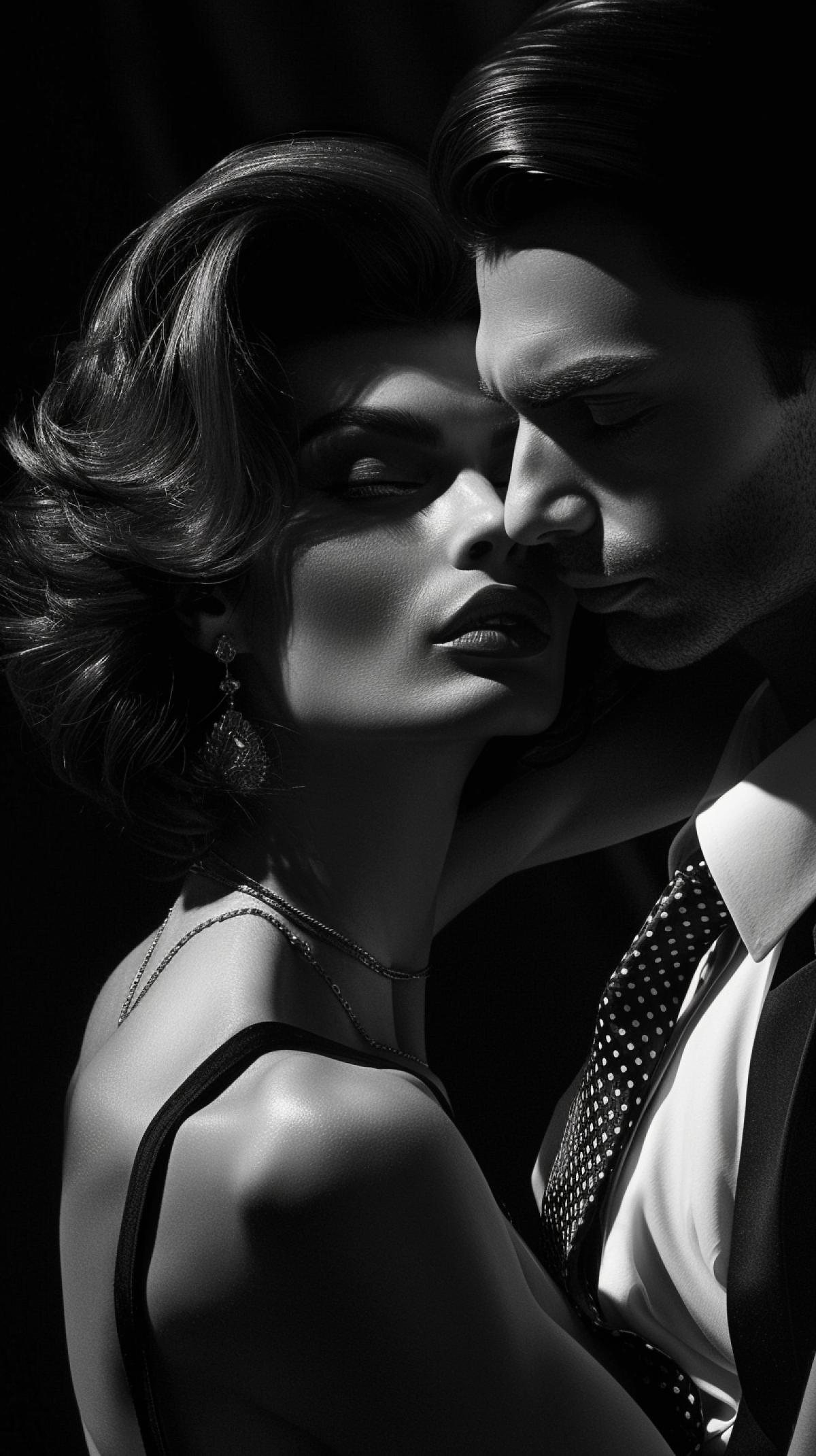 a dangerous lady in the noir style, a burning brunette with short hair, thin lips, mature, intelligent, ruthless, met an equally dangerous caballero. two indomitable temperaments merged in a passionate tango. unbearably hot, more like a duel. monochrome, scene in motion, editorial