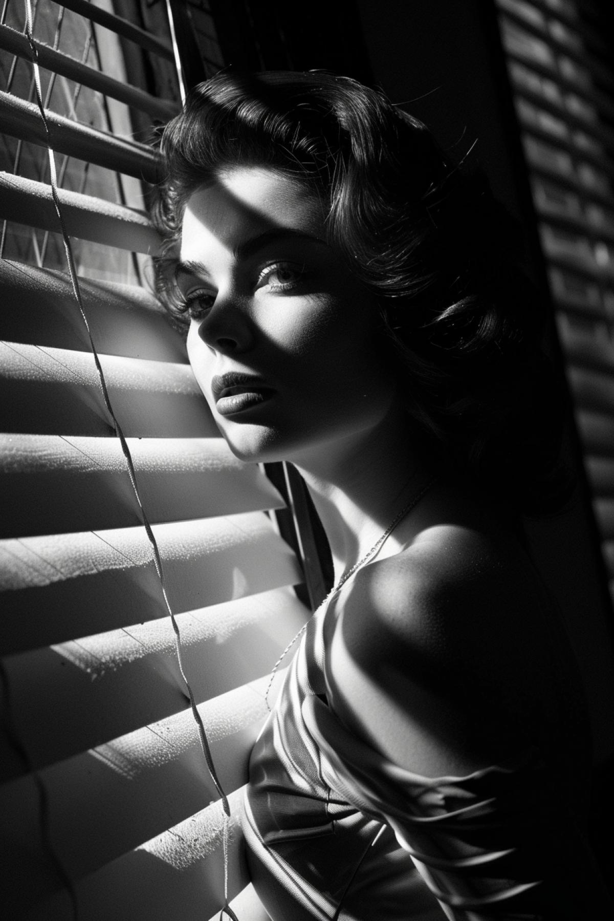 Extremely beautiful 25-year-old beauty in 1950 style at the window covered with vertical blinds low view Dutch angle dark and white high contrast cinematographic noir film scene