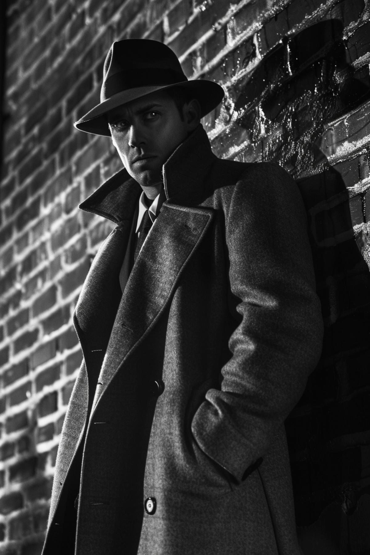 Cool handsome 1940s style detective overcoat with raised collar hat wary and watchful in dark city shadows of criminals upon the brick wall low view high contrast dark-and-white noir film cinematographic scene