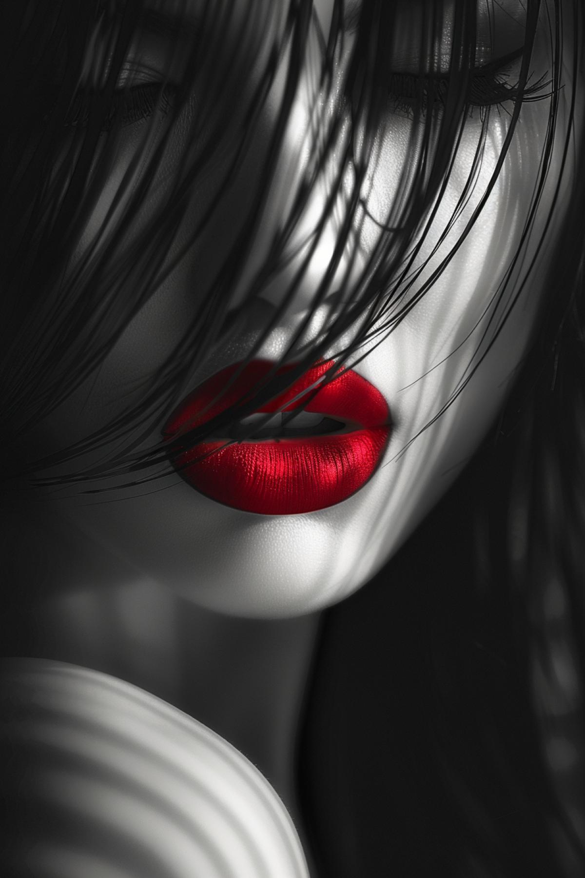 dark and white portrait of a femme fatale brunette, scarlet lips on dark and white photo. Light and shadow. Noir.