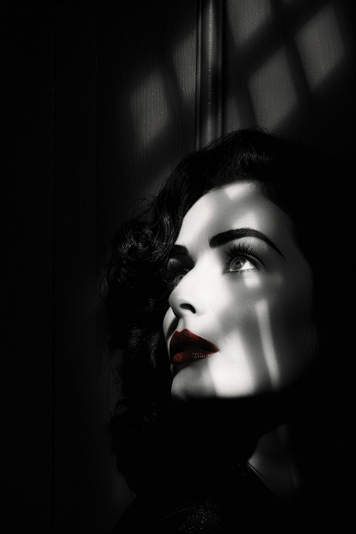 dark and white portrait of a femme fatale brunette, scarlet lips on dark and white photo. Light and shadow. Noir.