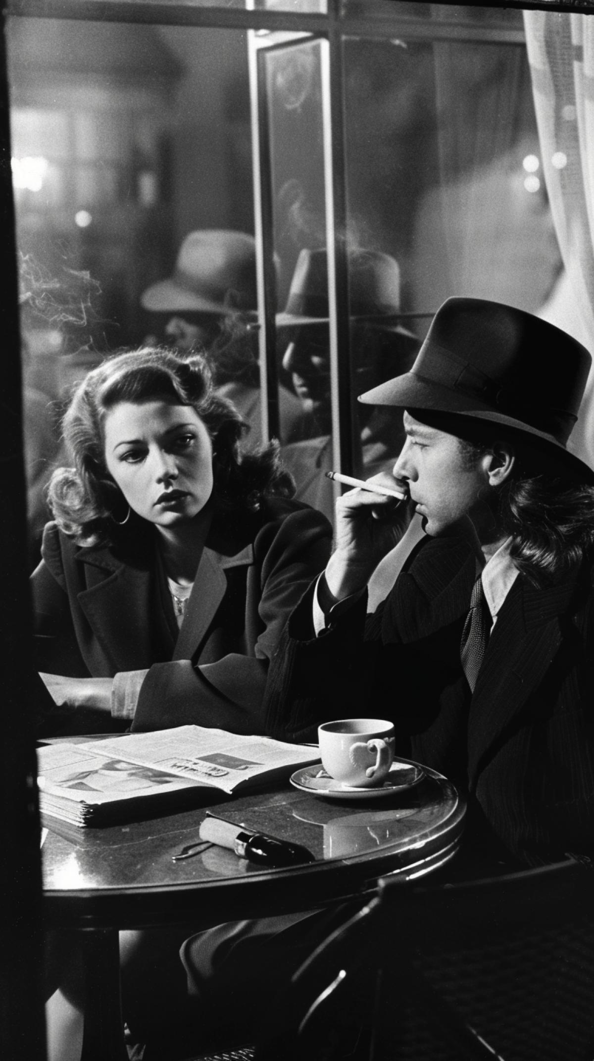The femme fatale in film noir: charm, photography, a woman smoking a cigarette at a table in a cafe, next to a man in a hat reading a newspaper, a revolver handle in his pocket, the interaction of light and shadows, reminiscent of the classic aesthetics of noir in the paintings of Edward Hopper