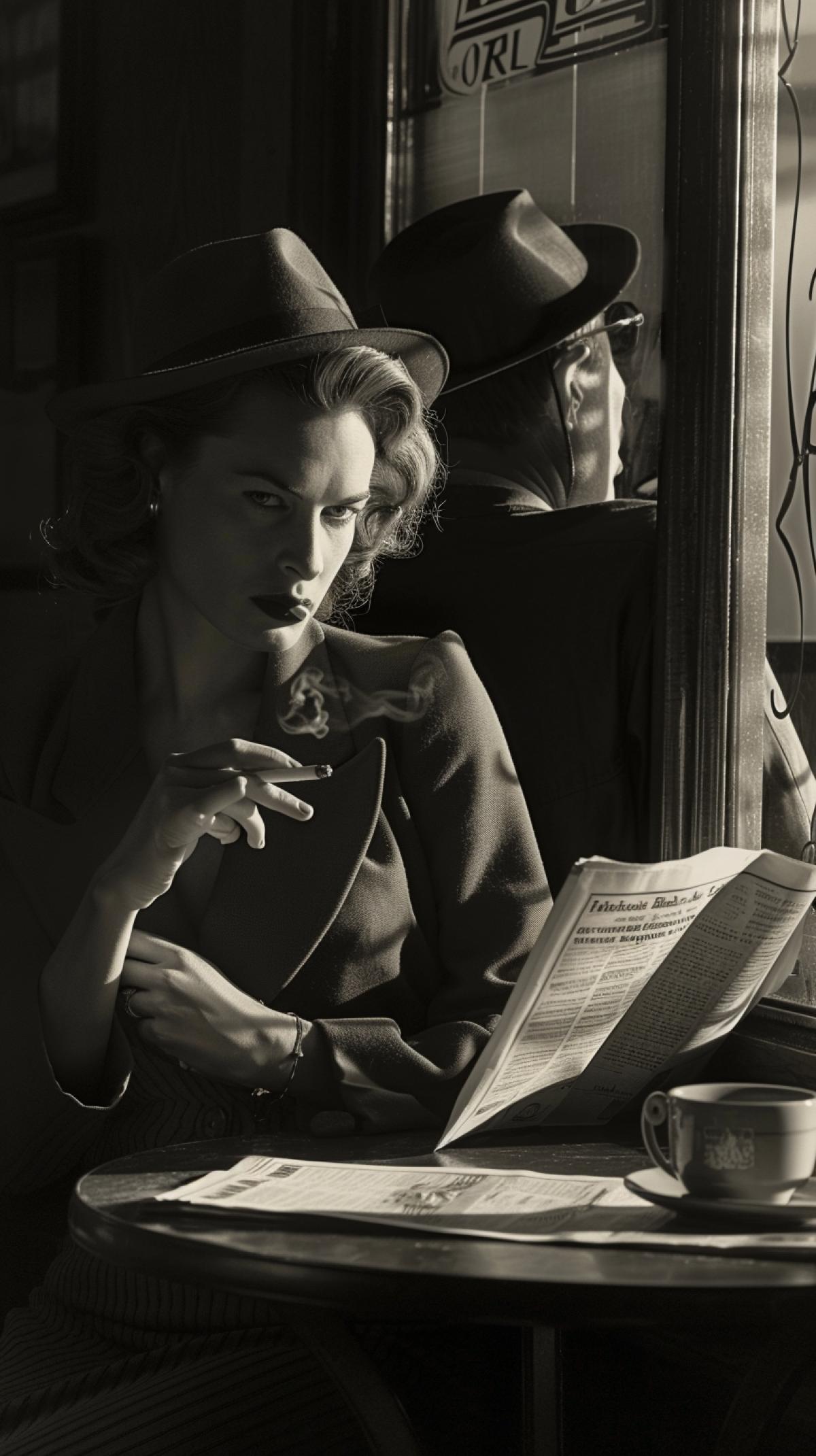 The femme fatale in film noir: charm, photography, a woman smoking a cigarette at a table in a cafe, next to a man in a hat reading a newspaper, a revolver handle in his pocket, the interaction of light and shadows, reminiscent of the classic aesthetics of noir in the paintings of Edward Hopper