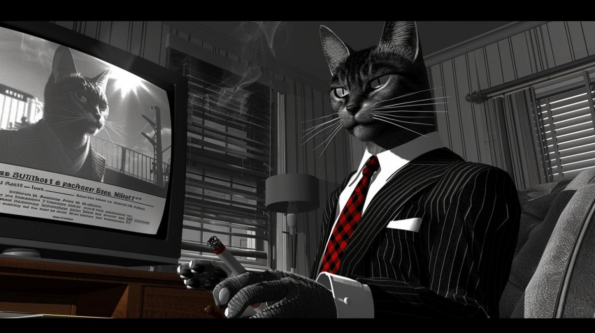 Detective cat smokes a lot at night, noir style, red accent, still from the film