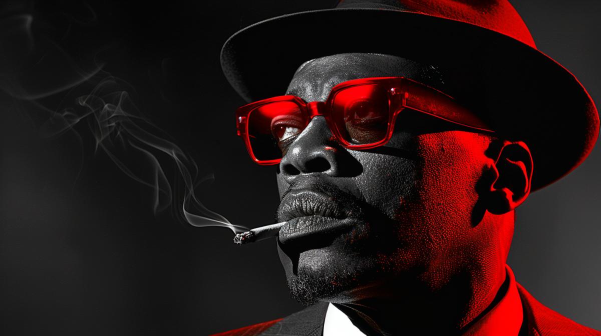 Detective cat smokes a lot at night, noir style, red accent, still from the film