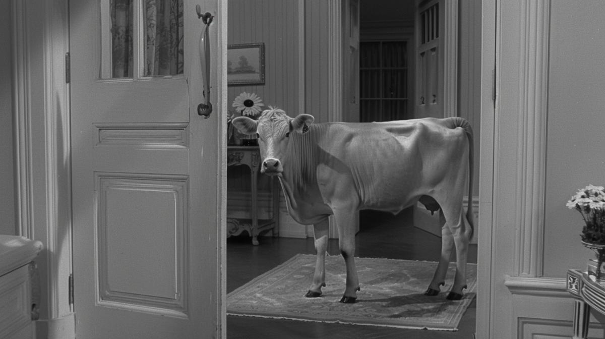 Still from a film noir style, 60s, big cow, detective, sharp shadows