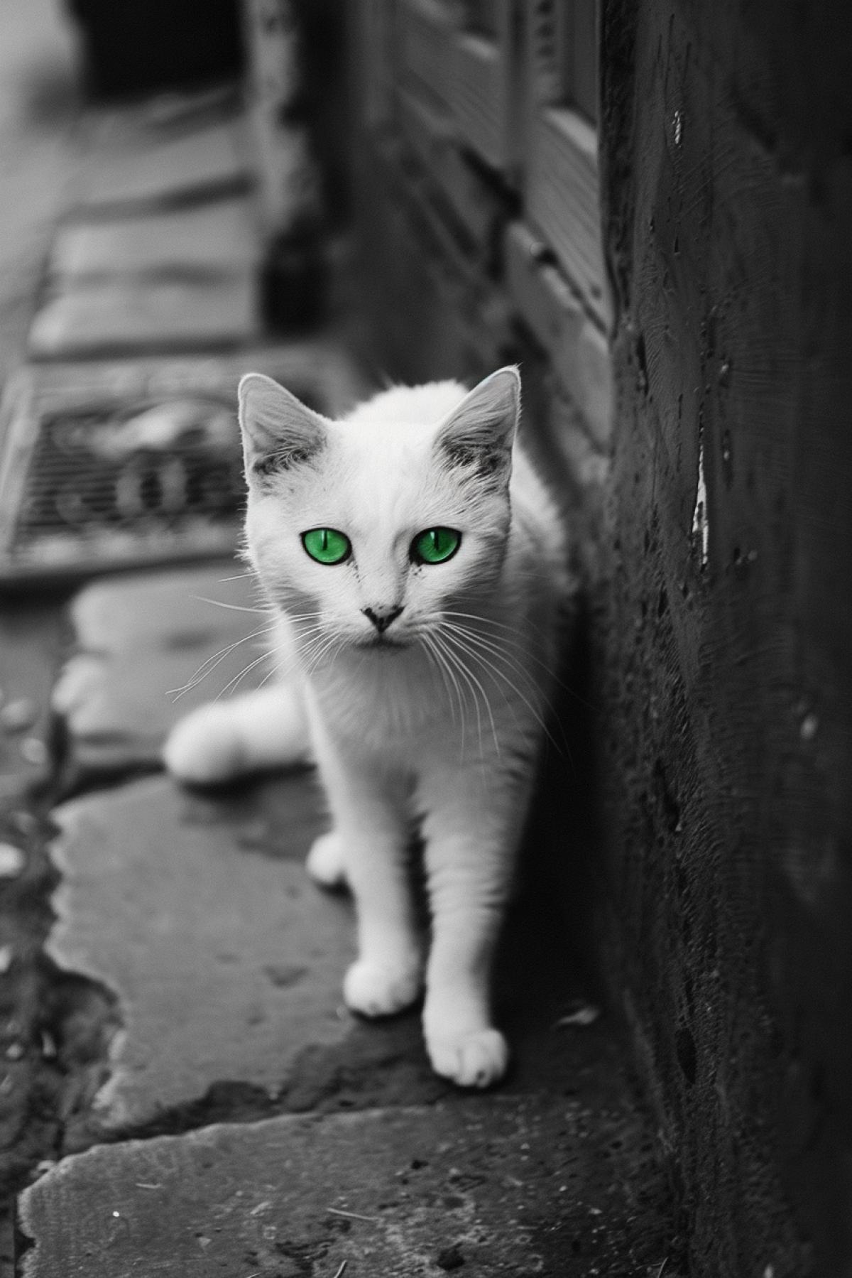 Noir, beautiful white cat with green eyes on the street, aesthetics, minimalism, flicker, realistic image, action, comic style,