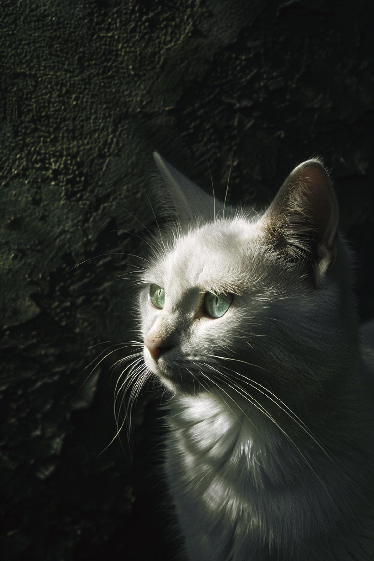 Noir, beautiful white cat with green eyes on the street, aesthetics, minimalism, flicker, realistic image, action, comic style,