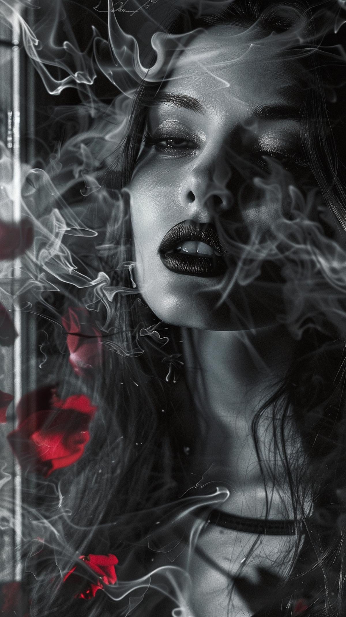 ️ The effect of fractal smoke of transparency, a dark and white portrait of a fatal brunette, by the window with a vase and a rose, dark burgundy petals, dark burgundy lips on a dark and white photograph. Play of light and shadow, noir.