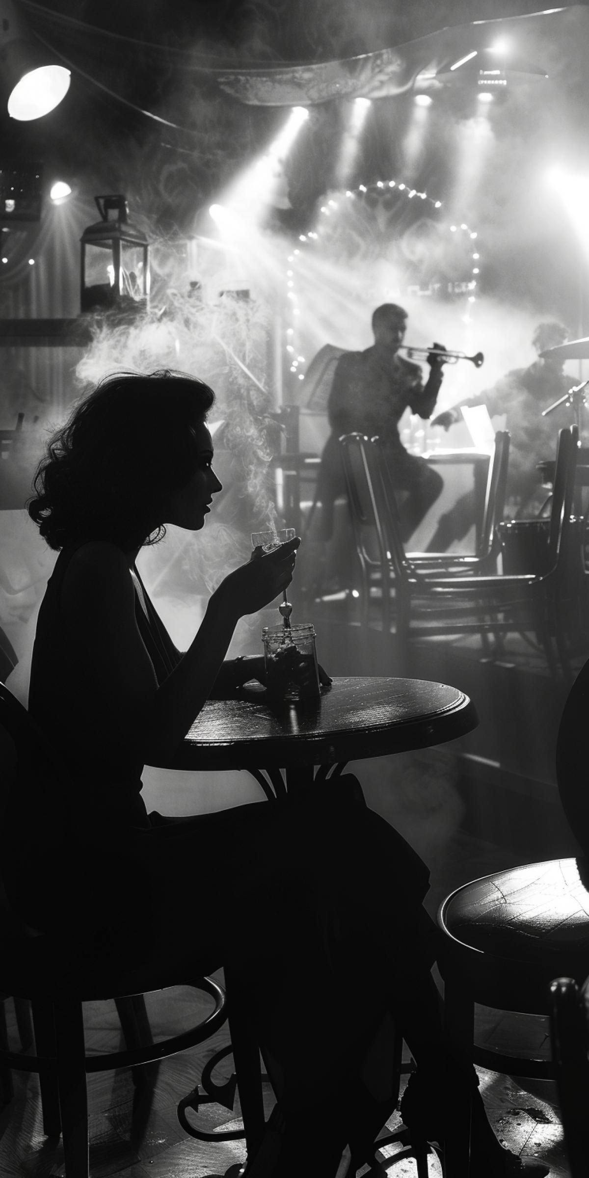 Design an image of a femme fatale sitting in a smoky jazz club. The dark and white scene features deep, moody lighting and dramatic shadows. She sits at a small, round table with a glass of whiskey, her eyes glinting with intrigue. The background includes a stage with a jazz band playing softly, silhouetted against the smoky haze. The com4k emphasizes her allure and danger, encapsulating the essence of the noir genre.