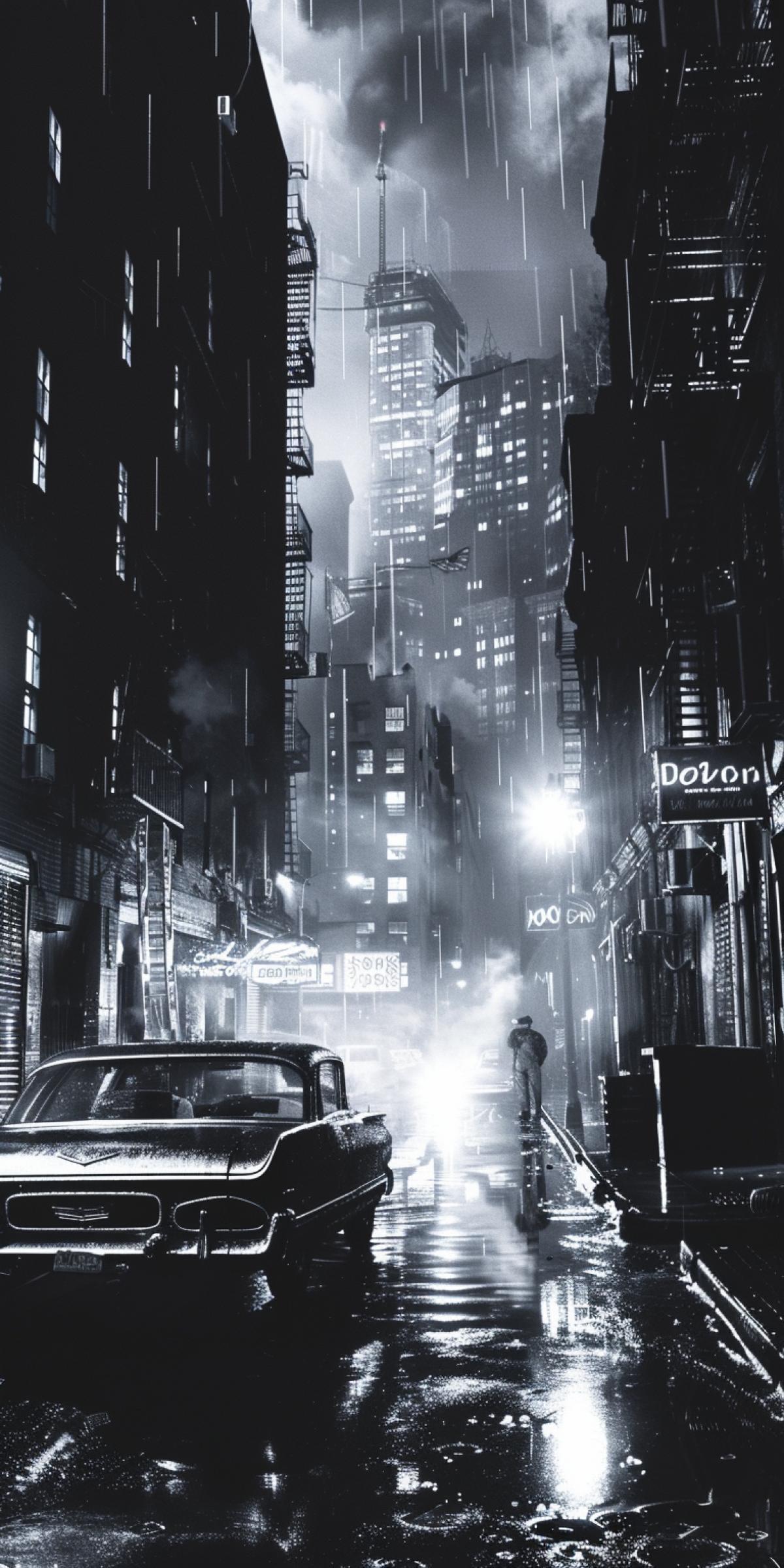 Create an image of a gritty cityscape at night, with rain-soaked streets reflecting the glow of neon signs and streetlights. The dark and white palette enhances the stark contrasts and shadows. In the foreground, a classic car is parked near a dark alley, where a shadowy figure stands, smoking a cigarette. The background showcases tall buildings with fire escapes and dimly lit windows, creating a sense of depth and tension. The overall atmosphere is one of mystery and suspense.