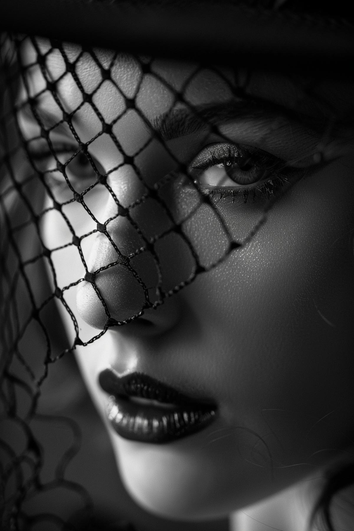 Create a noir-inspired close-up portrait of a woman, capturing her in a moment of intense emotion. The dark and white scene features dramatic lighting, casting deep shadows and highlights on her face. She wears a vintage hat with a netted veil partially obscuring her eyes, which are filled with mystery and intrigue. The background is blurred, emphasizing her expressive face and the intricate details of her 1940s-style makeup and accessories. The com4k captures the essence of classic noir, focusing on the depth of her character and the secrets she may hold.