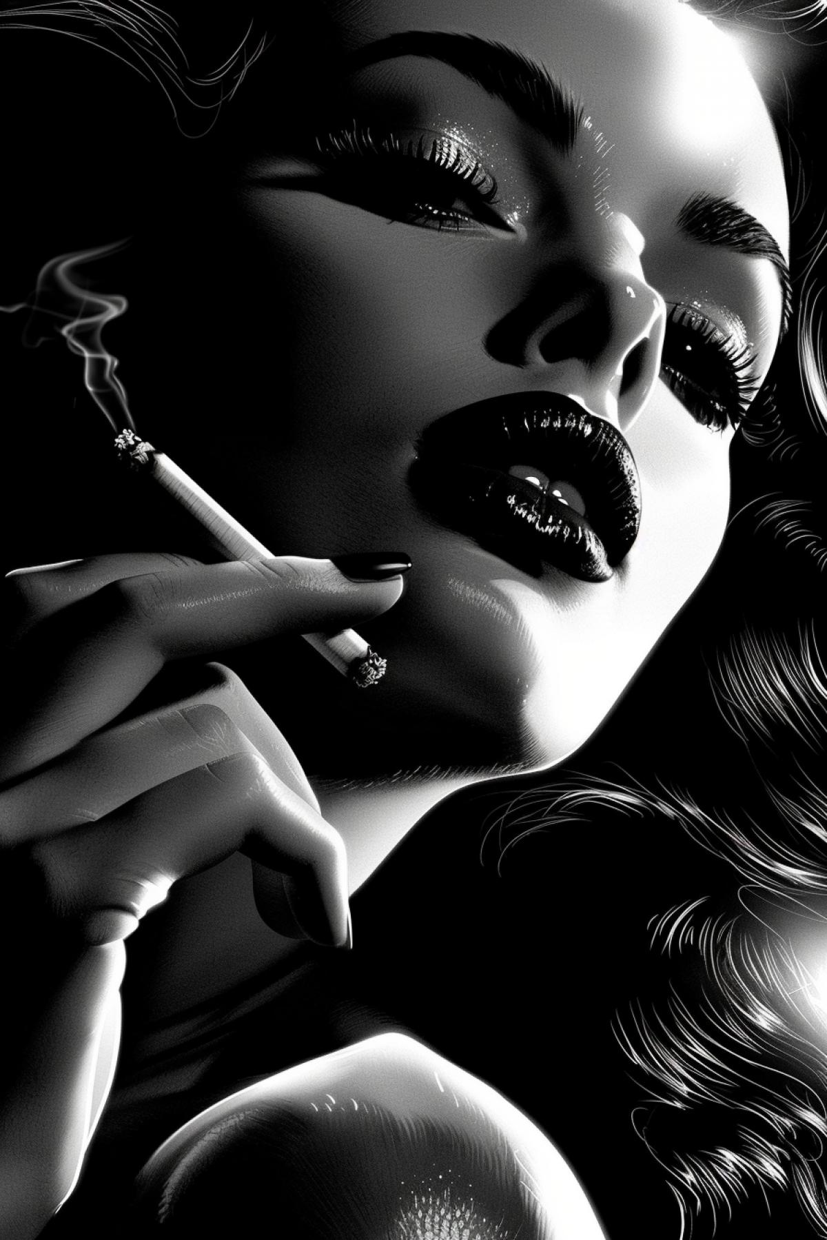 Design a noir-inspired close-up of a femme fatale, highlighting her enigmatic and luxury presence. The dark and white image features strong contrasts, with light illuminating her face while casting deep shadows on her surroundings. She has a cigarette holder delicately held between her fingers, her lips slightly parted, and a 4k gaze that hints at danger and intrigue. Her vintage hairstyle and bold makeup accentuate her dramatic look. The background is minimal, ensuring all attention is on her captivating expression and the atmosphere of suspense and mystery she embodies.